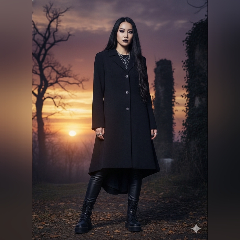 Together Black Fit and Flare High Low Midi Coat - Size 8